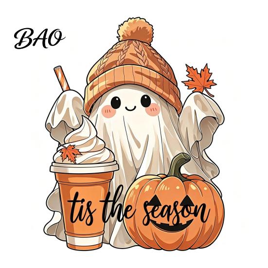 Seasonal Shelf Display Halloween Wooden Ghost Ornament with Pumpkin Pattern, Double Sided Desktop Decoration, Spooky Tiered Tray Decor Decor,