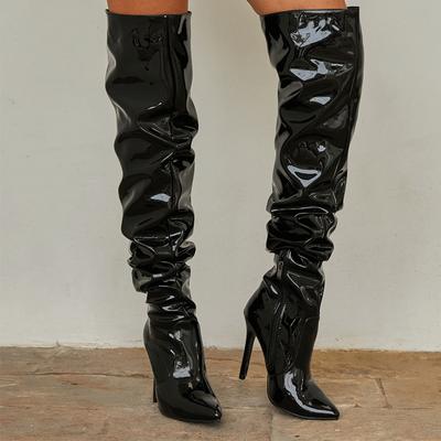 2024 High Quality Sfot Cozy Solid Black Pleated Leather Over The Knee Boots Women Zip Pointed Toe Stiletto Heels Winter Shoes