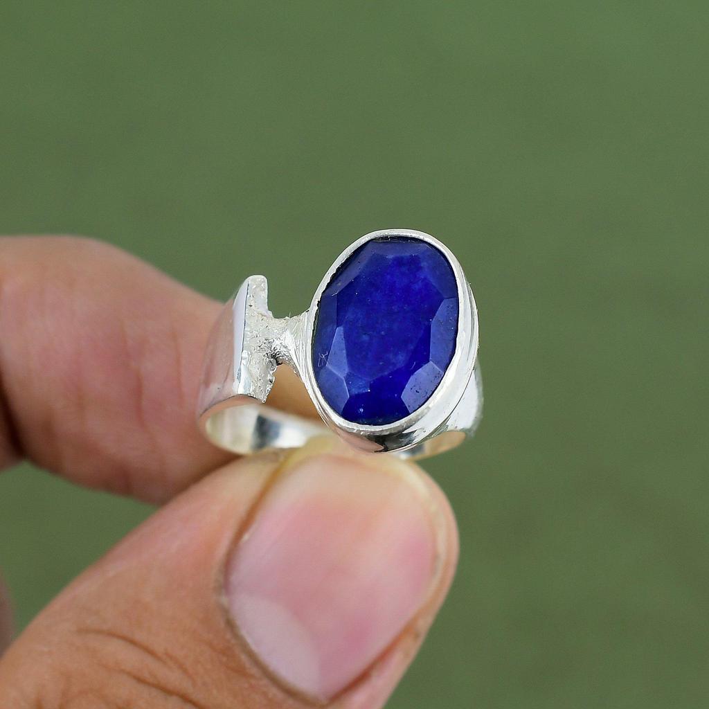 Faceted Blue Sapphire Ring 925 Sterling Silver Ring Natural Gemstone Jewelry Handmade Latest Design Ring Gift For Mom Available In Ring Size