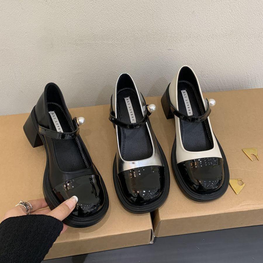Light Mouth Single Shoes Color Matching Word with Mary Jane Shoes Small Leather Shoes Spring 2025 Thick Heel Medium Heel Thick Sole Doudou Shoes