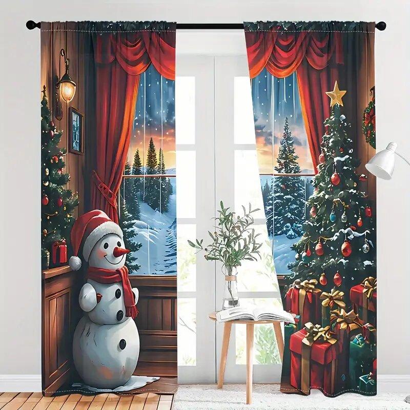 Christmas Tree Forest Snowman Pattern Printed Curtains Window Decorations Home Room Curtain Set Of 2 Made Polyester Washable
