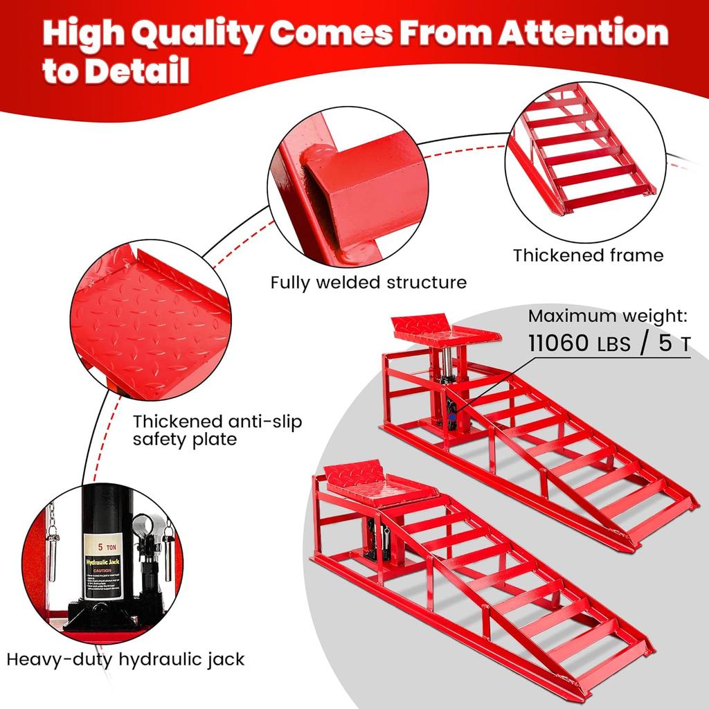 2-Piece Hydraulic Car Ramps, 5T Capacity, Adjustable Height for Home Garage Vehicle Repair and Oil Changes