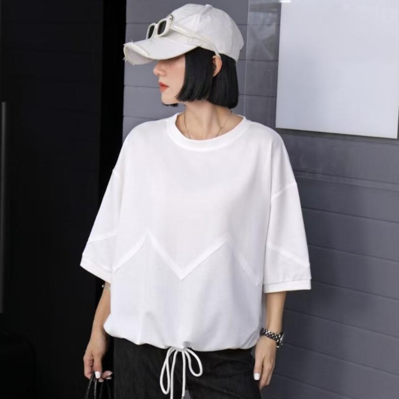 DIMANAF 2025 Plus Size Summer Solid Bat Stripe T-shirt Women Short Sleeve Loose Tops New Tees