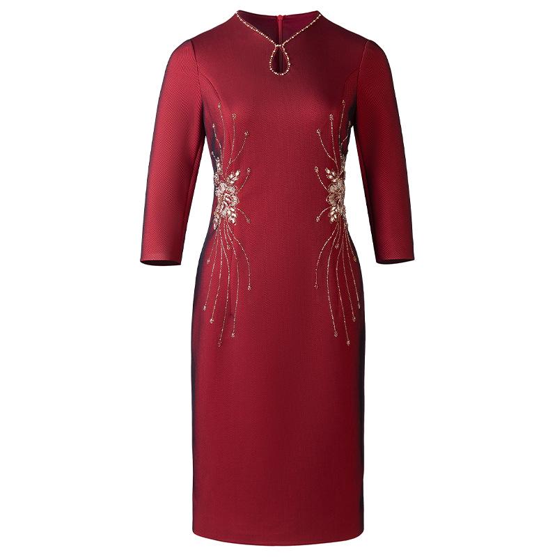 Elegant Wine Red Bodycon Dress with Water Drop Neck for Mother-in-law At Wedding Banquet
