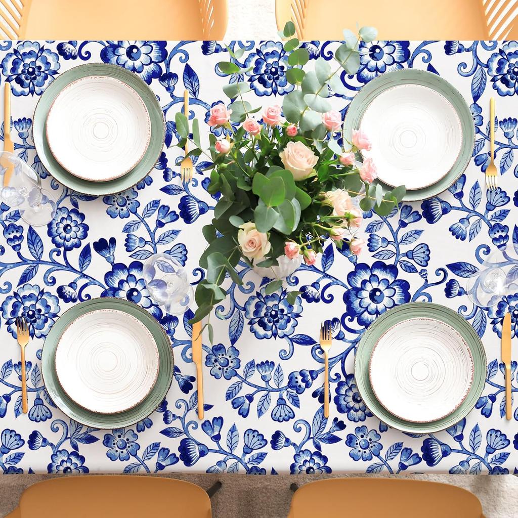 Weiß Blau Floral Rechteckiger Tischdecke Tischdekoration Wiederverwendbar Wasserdicht Küche Esstischdecke Feiertagsparty Dekorationen