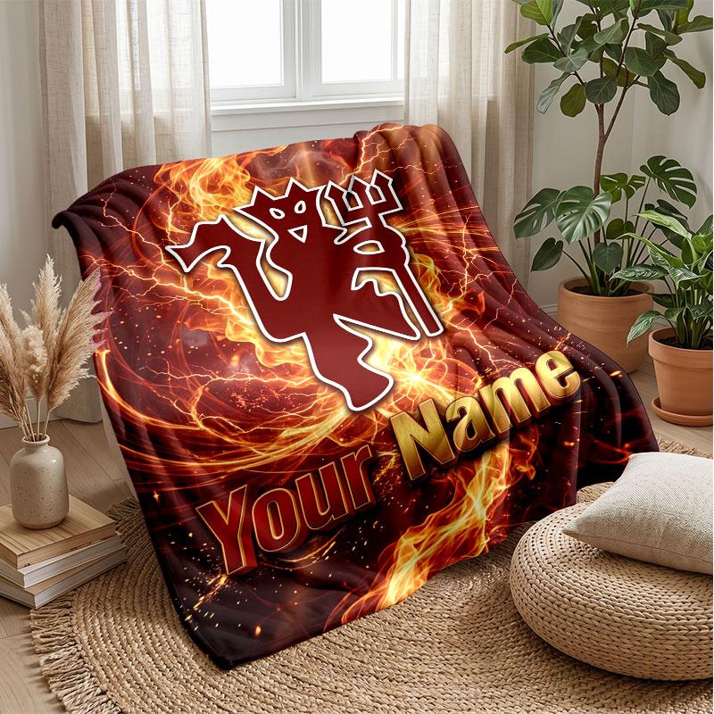 Coperta in Flanella Personalizzata con Nome Testo Manchester United Logo Calcio Plaid in Pile Personalizzato Regalo Speciale per Divano Camera da Letto Casa