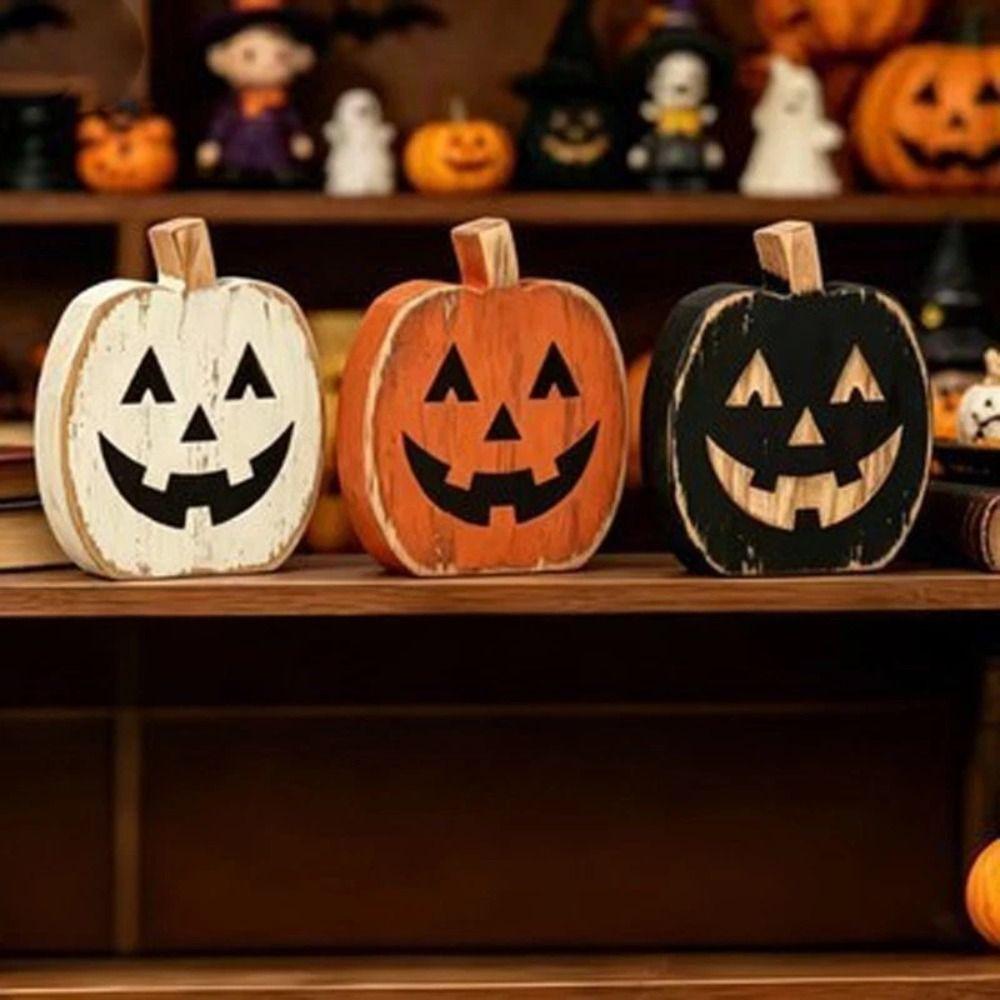 3PCS Freestanding Wooden Pumpkin Hand Painted Halloween Ornament Tiered Tray Decor Alloween Party