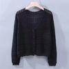 Summer Women's Ice Silk Cardigan Thin Long Sleeve Top Loose V-neck Hollow Out Knitted Sweater