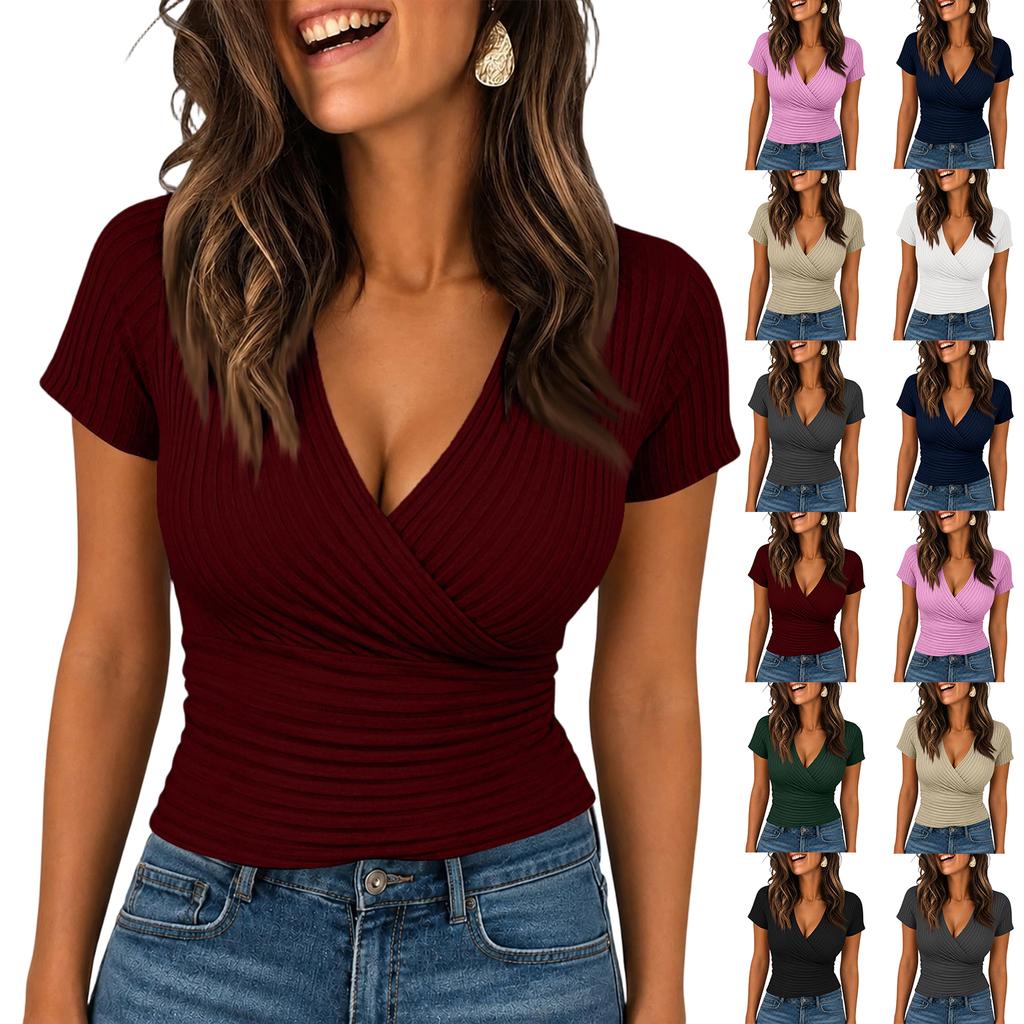 Women's Fitted V-Neck Ribbed Knit Top for Casual Everyday Wear