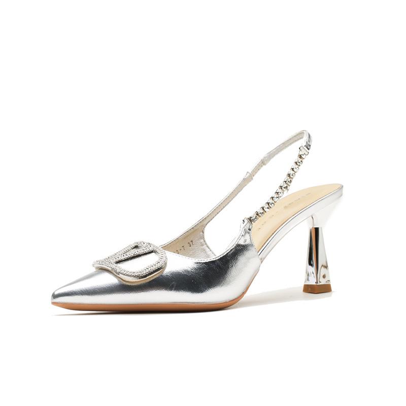 7508-1 [sheepskin] High Heels Women's Thin Heels 2025 New Temperament Rhinestone Word with Bag Head Empty Sandals