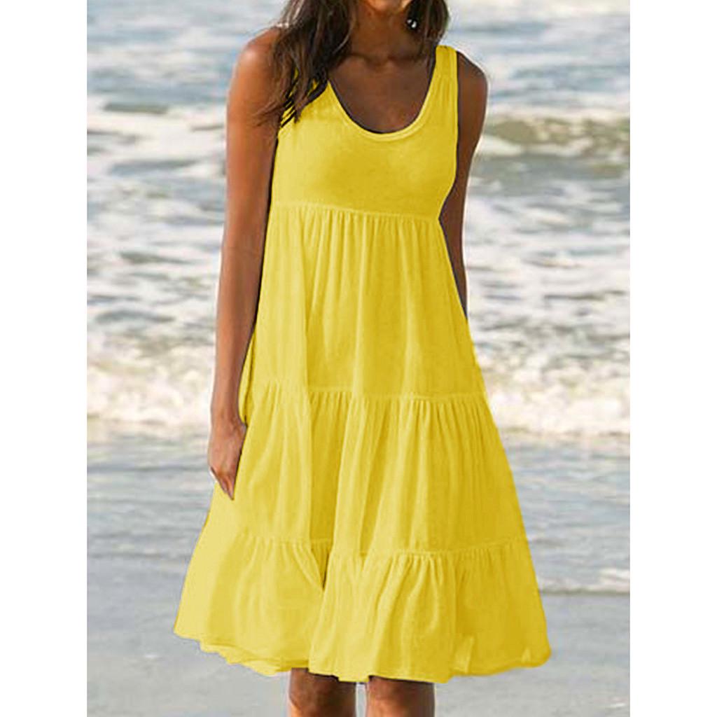 Womens Holiday Summer Solid Sleeveless Party Beach Dress