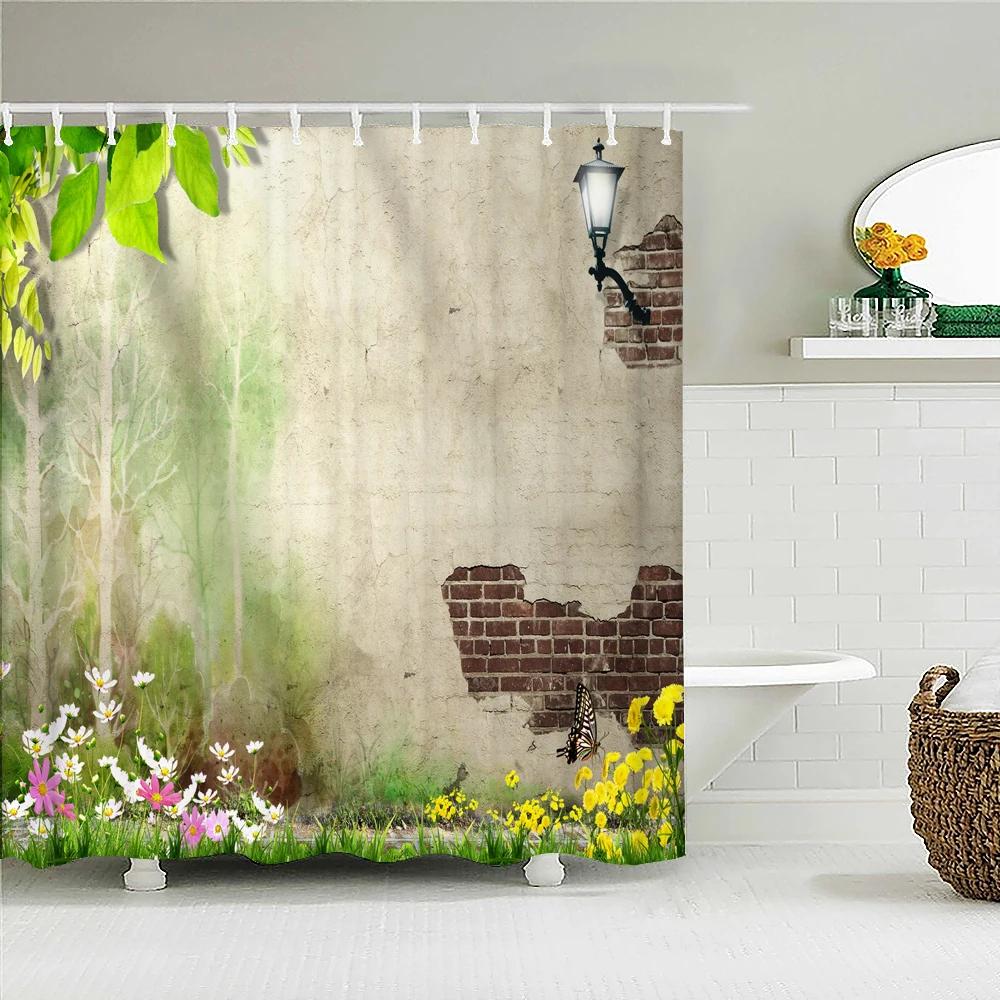 Rural Landscape Fabric Shower Curtain Bathroom Curtains Rock Brick Wall Plant Flowers Waterproof Decor Bath Screen With Hook