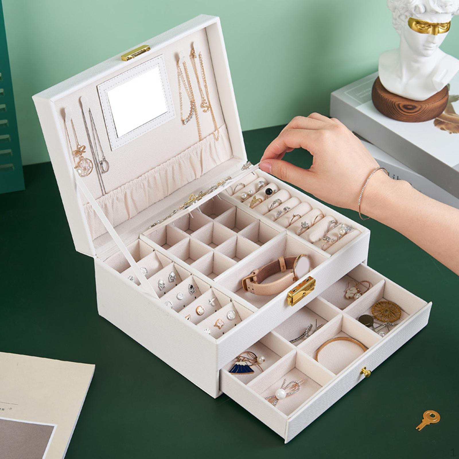

Double Layer Jewelry Box with Drawer Fashion Removable Dividers PU Leather Display Holder Organiser белый