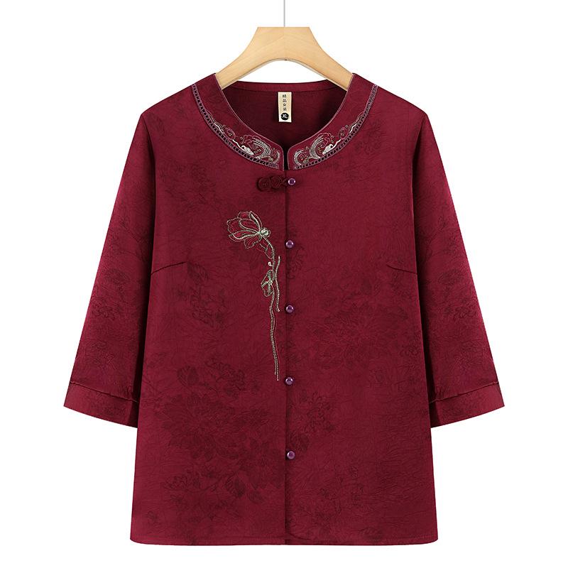 

Chinese-Style Summer Seven-Point Sleeve Shirt for Middle-Aged and Elderly Women 2XL (for 100-115 jin) вино красного
