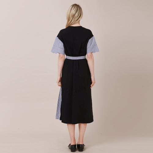 Bunderghost Black Check Color Block Asymmetrical Short Sleeve Long Dress