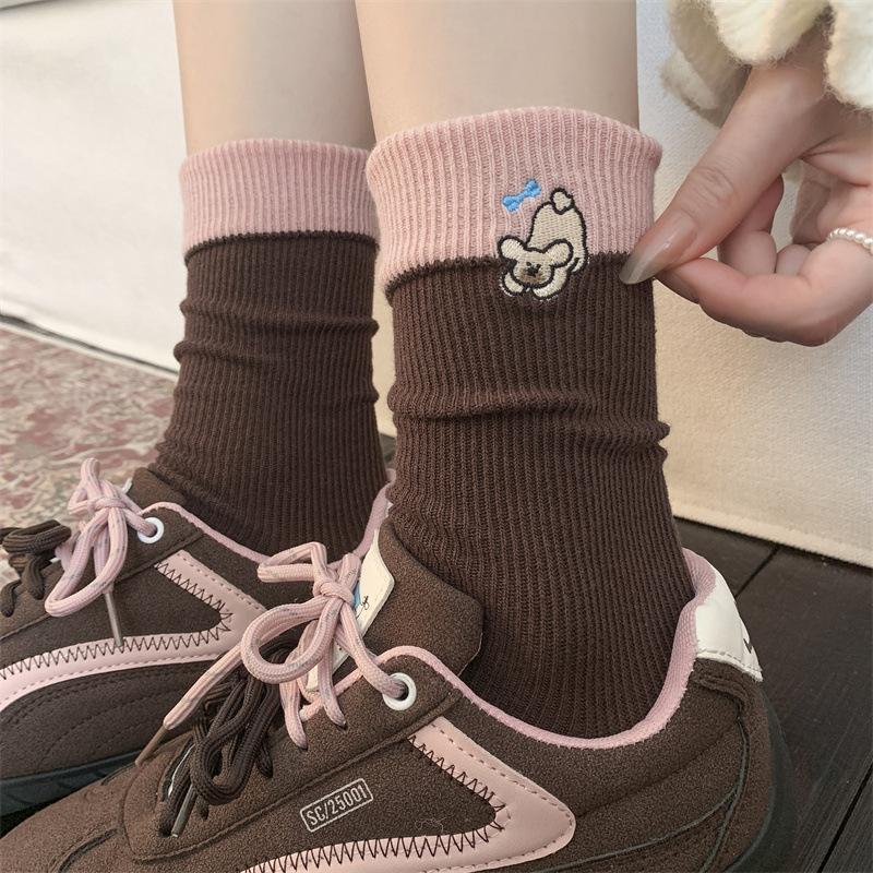 Women's Socks, Spring and Autumn Mid-calf Socks, Women's Thin Cartoon Color-blocking Embroidered Cotton Socks, Pile Socks, Boneless Women's Socks