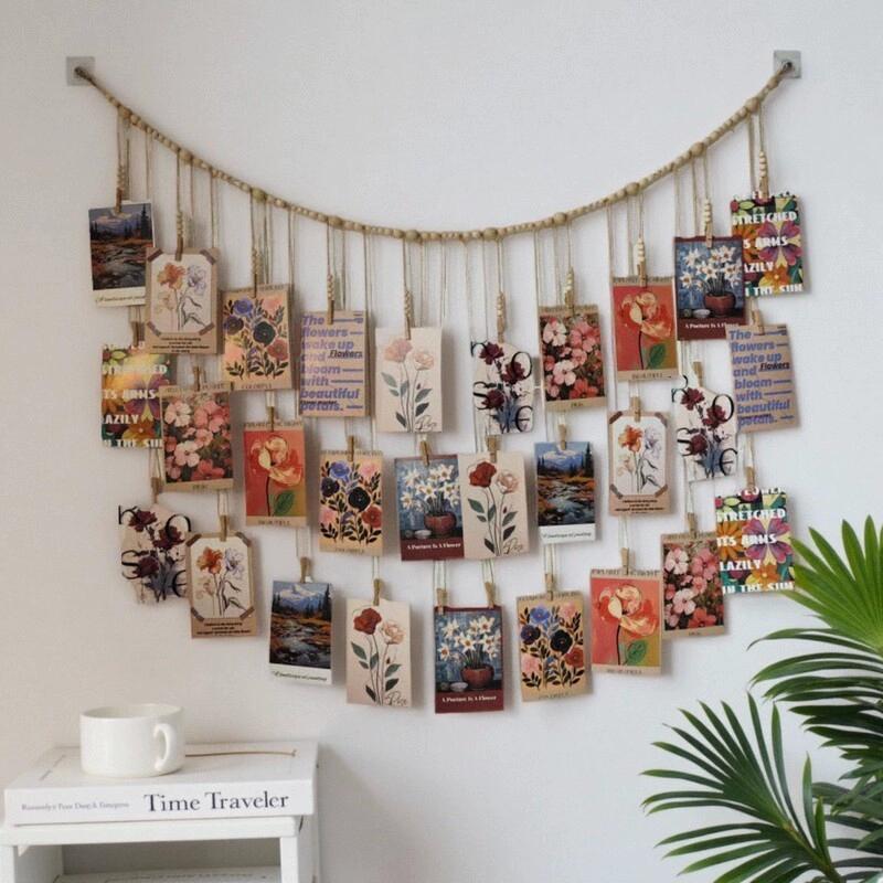Home Decoration Photo Wall Wooden Beads Hemp Rope Clip Wall Hanging Living Room Background Decor Wall Photo Storage Display Clip