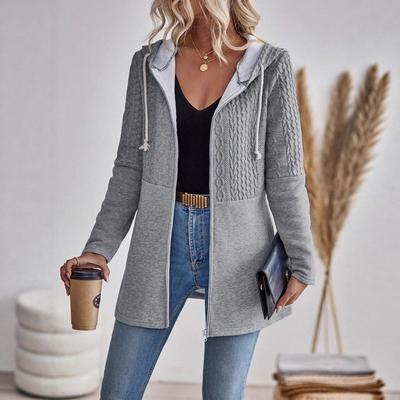 Jachetă cu glugă casual pentru femei, primăvară/toamnă, largă, culoare solidă, patchwork cu model ondulat, cu fermoar, pentru femei