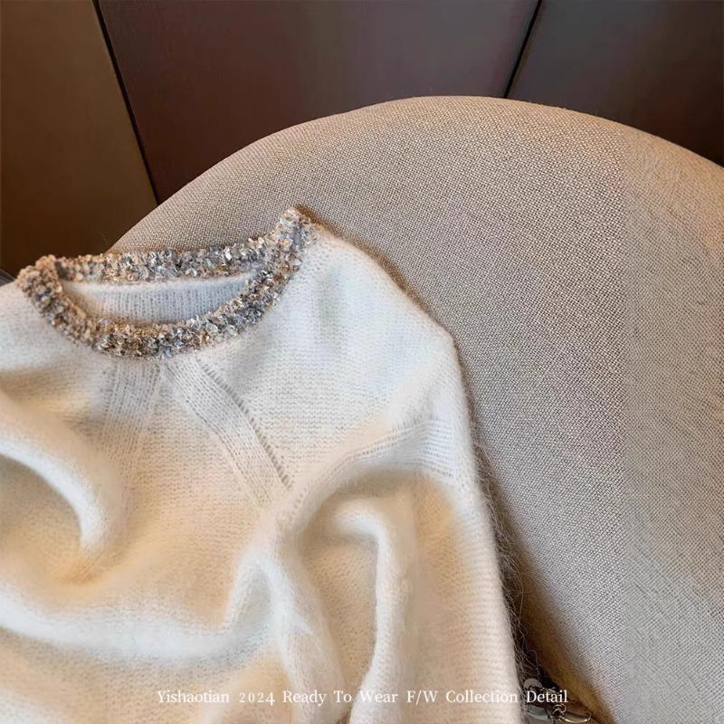 White mohair lace sweater women's autumn and winter new lazy wind soft waxy thickened loose pullover knitted sweater