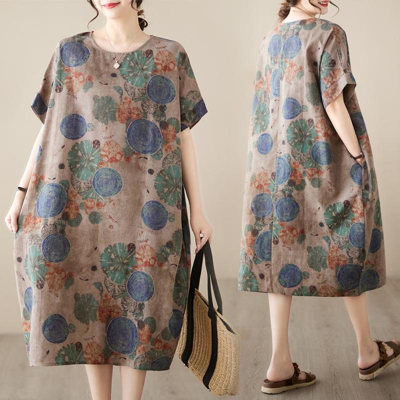 Real Shot 2026 Summer New Large Size Women's Clothing Fat MM Linen Cotton Linen Retro Literary Ethnic Style Casual Dress