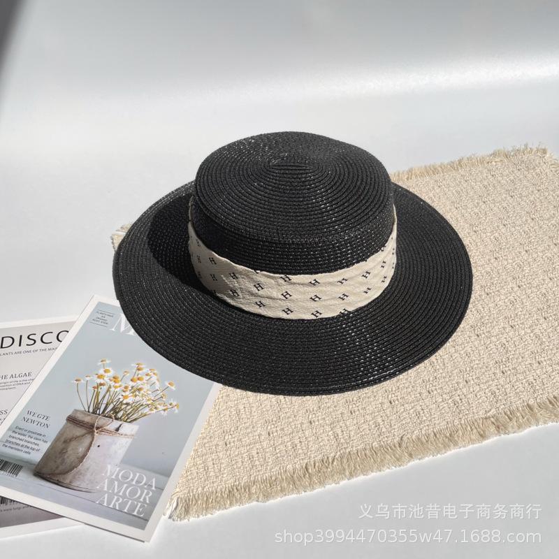 Small fresh letter webbing flat top straw hat female summer seaside photo shoot sun protection shade sand sun hat male