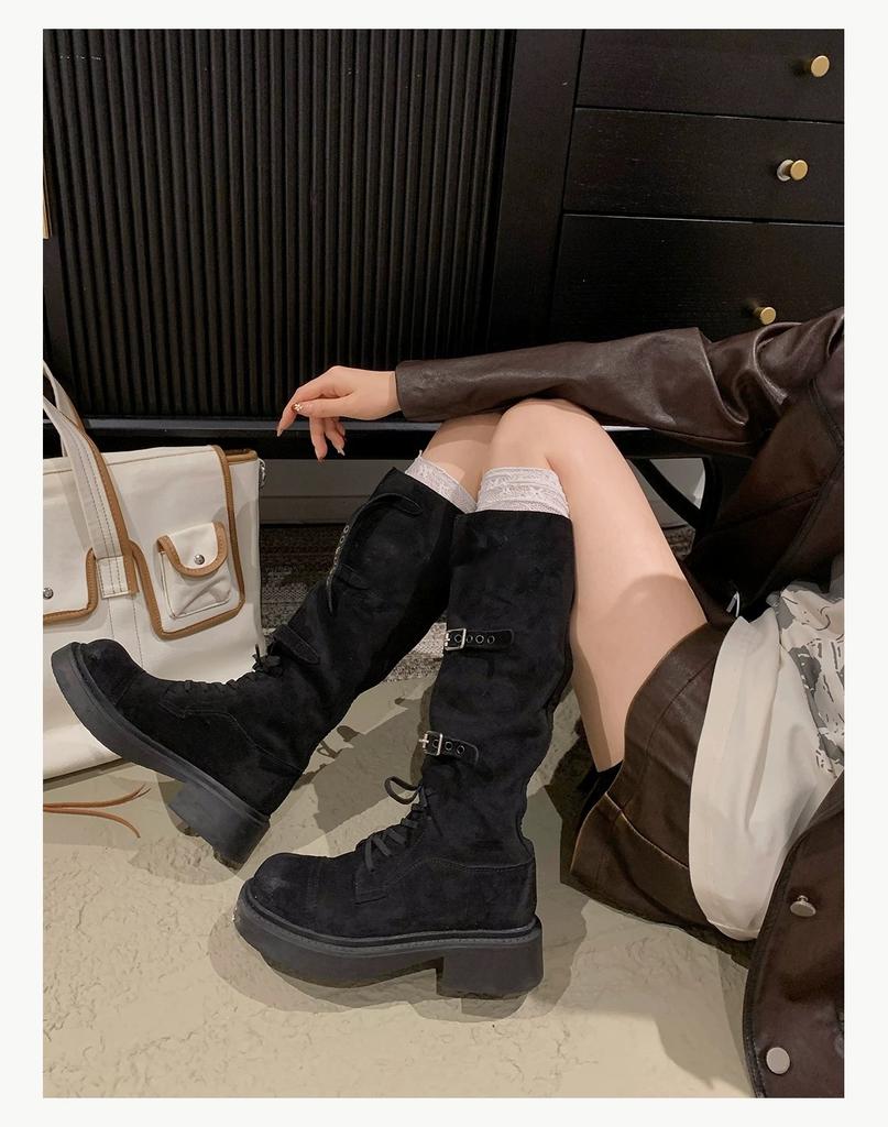 Frosted~ Soft leather boots women's 2025 autumn new belt buckle knight boots but knee two wear tall boots