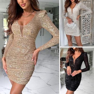 Lady Club Dress V Neck Sequin Long Sleeve High Elasticity Sheath Dress