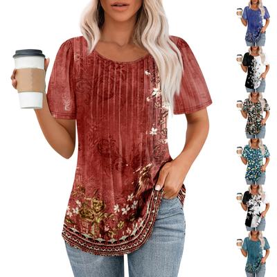 Women's Fashion Printed Casual Pleated Round Short Sleeve T-Shirt Top