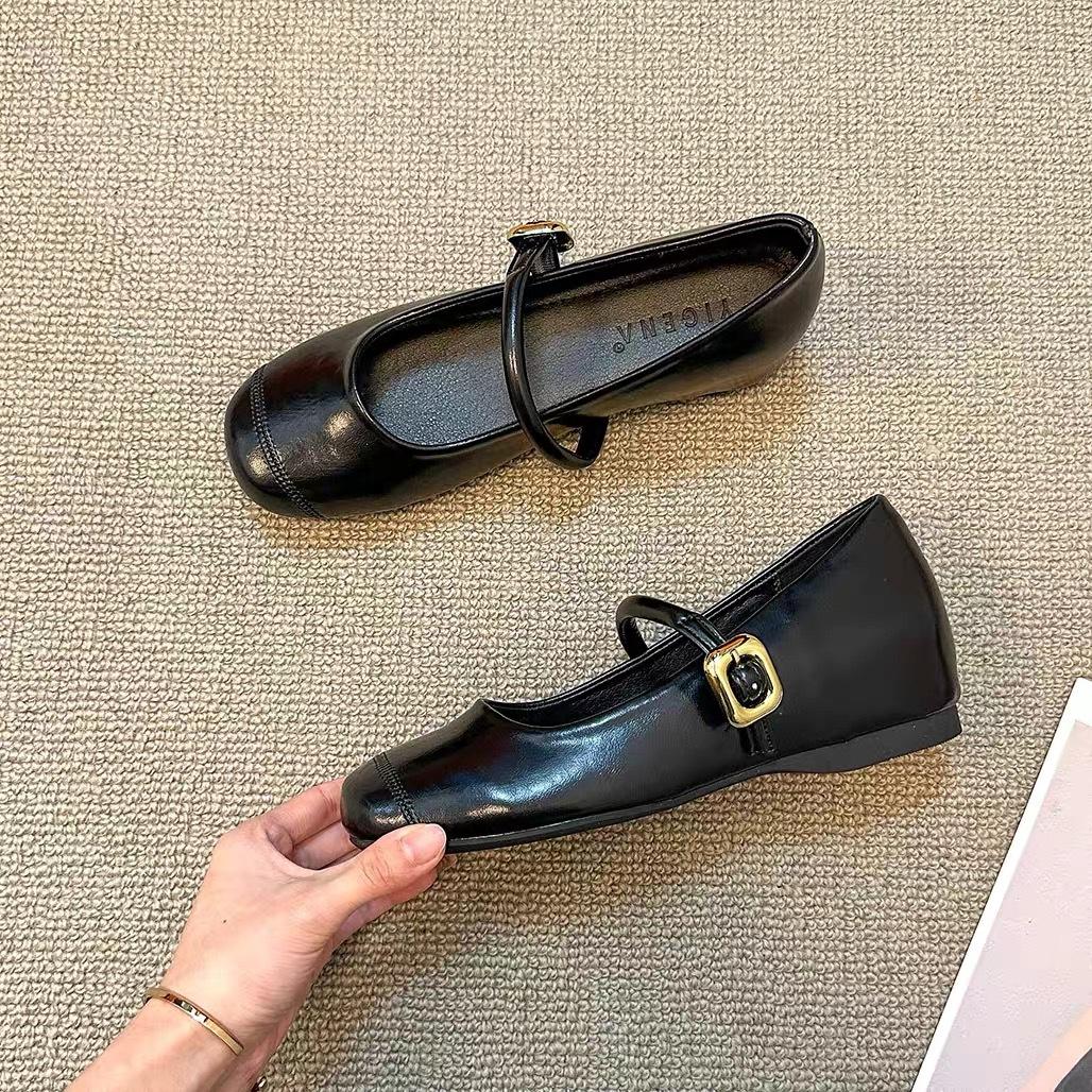 

Корейская версия универсальные туфли-лодочки на ремешке, повседневная женская обувь, летние ретро туфли Мэри Джейн, балетки, маленькие кожаные туфли 40 чёрный