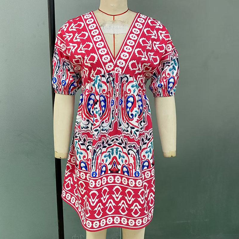 

Пляжные женские платья в богемном стиле, летнее повседневное короткое платье с V-образным вырезом, свободного кроя, женское винтажное платье с короткими рукавами S