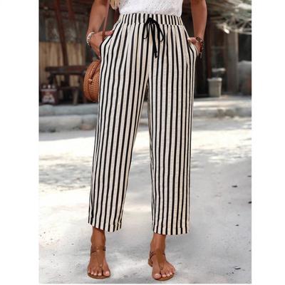 Freizeithose für Damen Neuer Stil Gerade Vielseitig Plissiert Kontraststreifen Elastischer Bund Neunpunkt