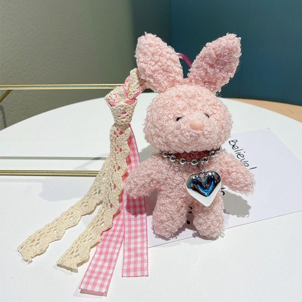 Silver Heart Plush Bag Pendant Bow Ribbon Rabbit Plush Doll Rabbit Doll Charm Bag Decoration
