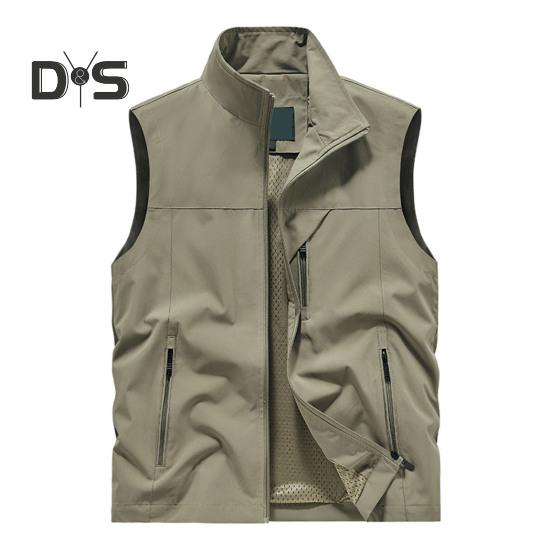 Herre Vest Ståkrage Ermeløs Glidelåslukking Vestjakke med Store Lommer Ensfarget Utendørs Fiskevest