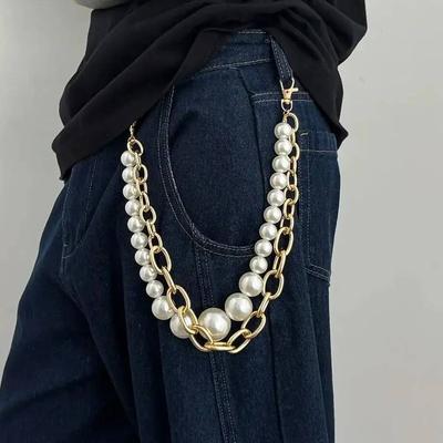 Salircon Hip Hop Multilayer Exaggerated Imitation Pearl Jeans Pants Keychain Men Punk Trousers Hipster Pant Chain Party Jewelry