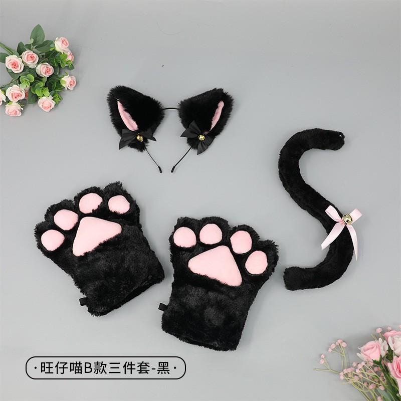 Handmade Cat Ear Headband Set With Paw Gloves Tail Kids Costume Party Animal Role Play
