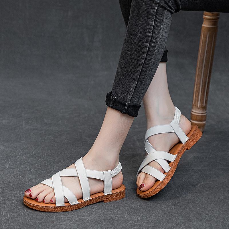 2025 new summer cowhide cross flat heel rubber soft sole casual breathable light foot cover solid color Roman sandals women