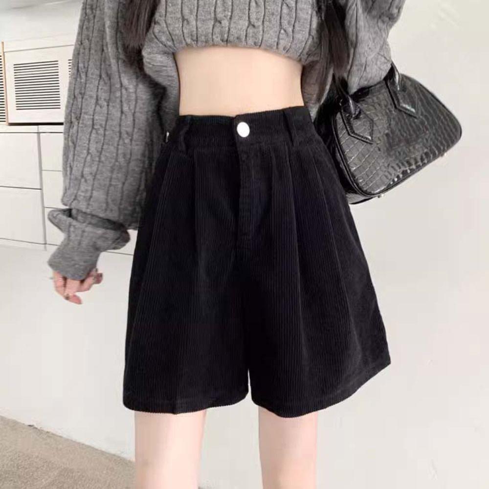 Elastic Women Corduroy Shorts Stripe Loose Streetwear Simple Wide Leg Short Pants  Daily