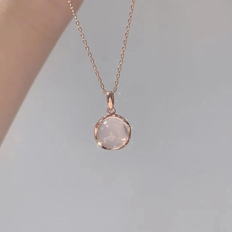 Pink White Chalcedony Round Pendant Necklace, Elegant Gemstone Jewelry For Women Fashion Daily Wear Gift