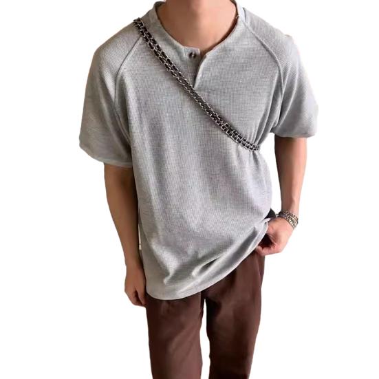 Men Shirt Round Neck Buttons Half Placket Short Sleeve Loose Fit Tops Waffle Texture Casual Tee Shirt Home Gym Streetwear