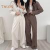 2 Teile/satz Frauen Mantel Hosen Set Revers Einreihige Strickjacke Langarm Jacke Breites Bein Hohe Taille Gerade Hose Dame Formale Pendler Outfit