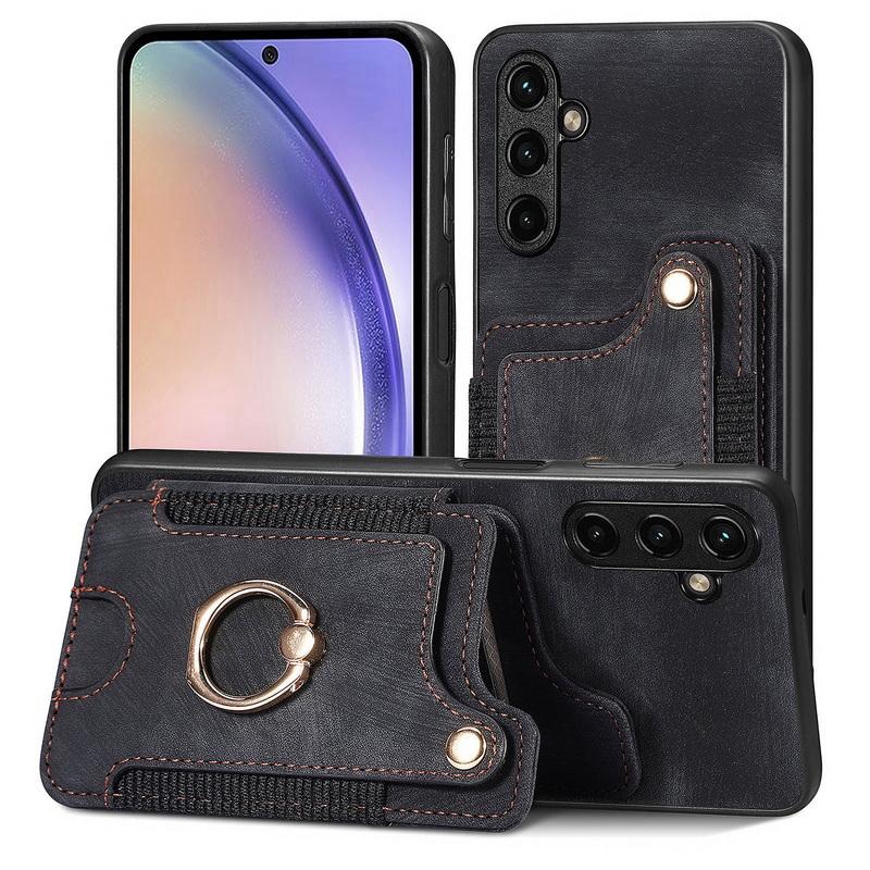 

Кожаный магнитный чехол-кармашек для карт для iPhone 17 16 15 14 13 Xiaomi 13T Poco X5 Pro Чехол-подставка с кольцом для Samsung S24 Ultra S23 A54 Google с ремешком на запястье Xiaomi 13T чёрный