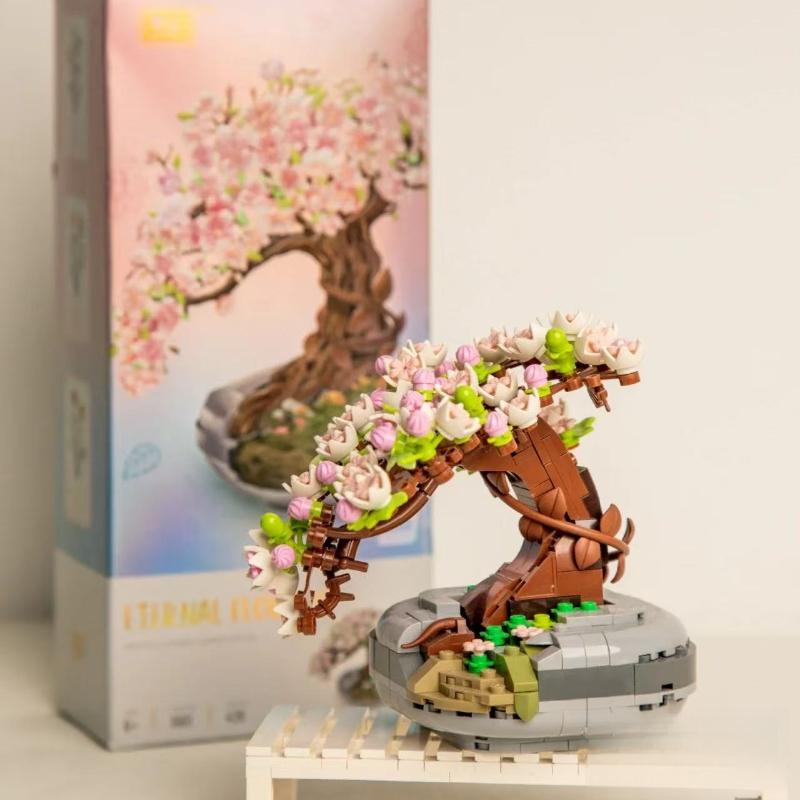 Mini Pflanze Bonsai Baustein Blume Pflanze Kirschblütenbaum Topfpflanze Strauß Modell Steine Heimdekoration Spielzeug für Kinder Geschenke