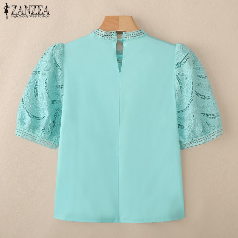ZANZEA Bluză casual de vară cu mâneci scurte și guler rotund pentru femei, cu dantelă patchwork