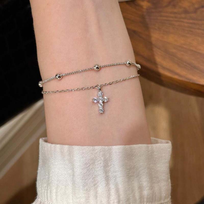 Gold Cross Chain Bracelet For Women Girls Exquisite Crystal Double Layer Adjustable Charm Bracelet Jewelry Gifts