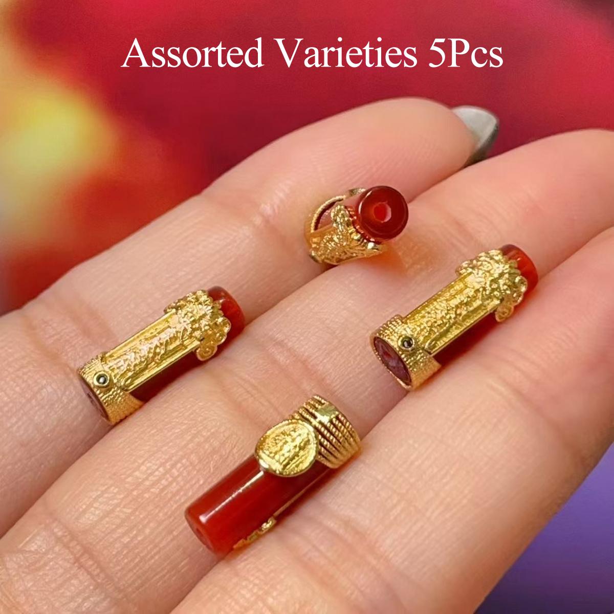 5Pcs, Red Agate Golden Plated Mythical Beast Pattern Barrel Beads, Lucky Charm DIY Jewelry Findings for Bracelet & Necklace Making Crafts 5Pcs