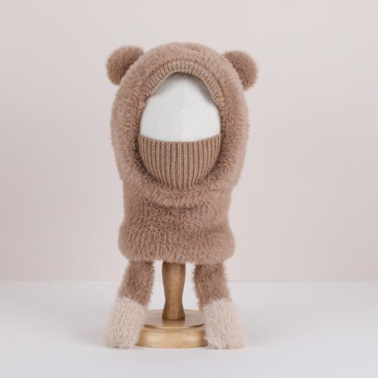 Kids Hat with Face Guard Scarf Plush Inner Lining Solid Color Bear Shape Warm Windproof Knit Hat Autumn Winter Outdoor Wear