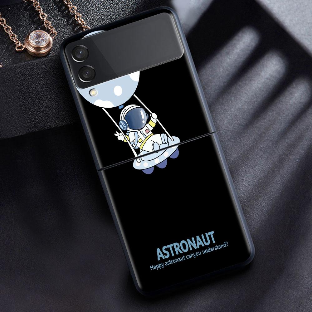 Case For Samsung Galaxy Z Flip 3 4 5G Black Hard PC Phone Housing Z flip4 Luxury Segmented Cover Cute Astronaut