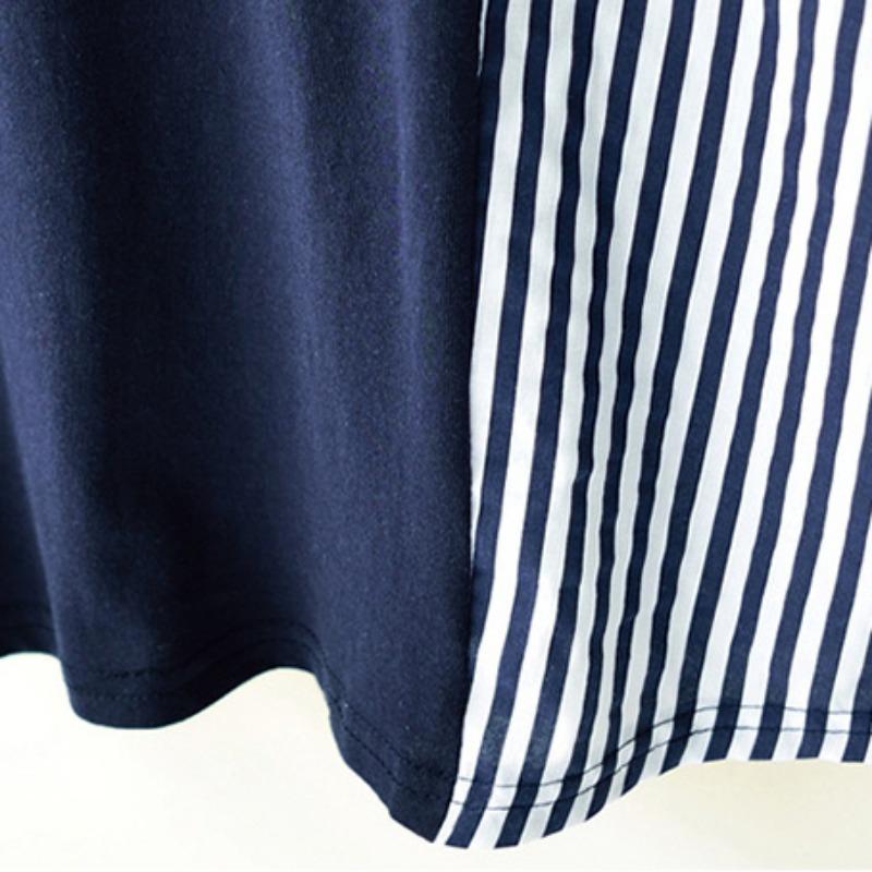 Summer Casual Pinstripe Striped Patchwork T-Shirt Round Necked T-Shirt Classic-Fit Short Sleeve T-Shirt for Female Women's Commuter Fashion T-Shirt