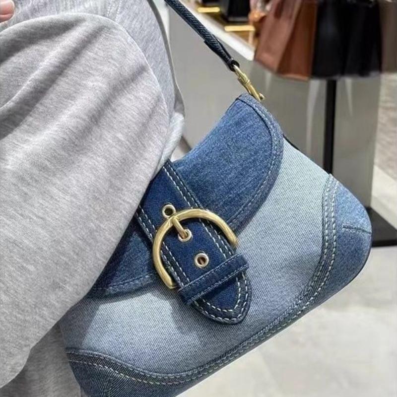 1pcs Women's Denim Underarm Bag Contrast Patchwork Shoulder Bag Minimalist Fashion Casual Handheld Purse