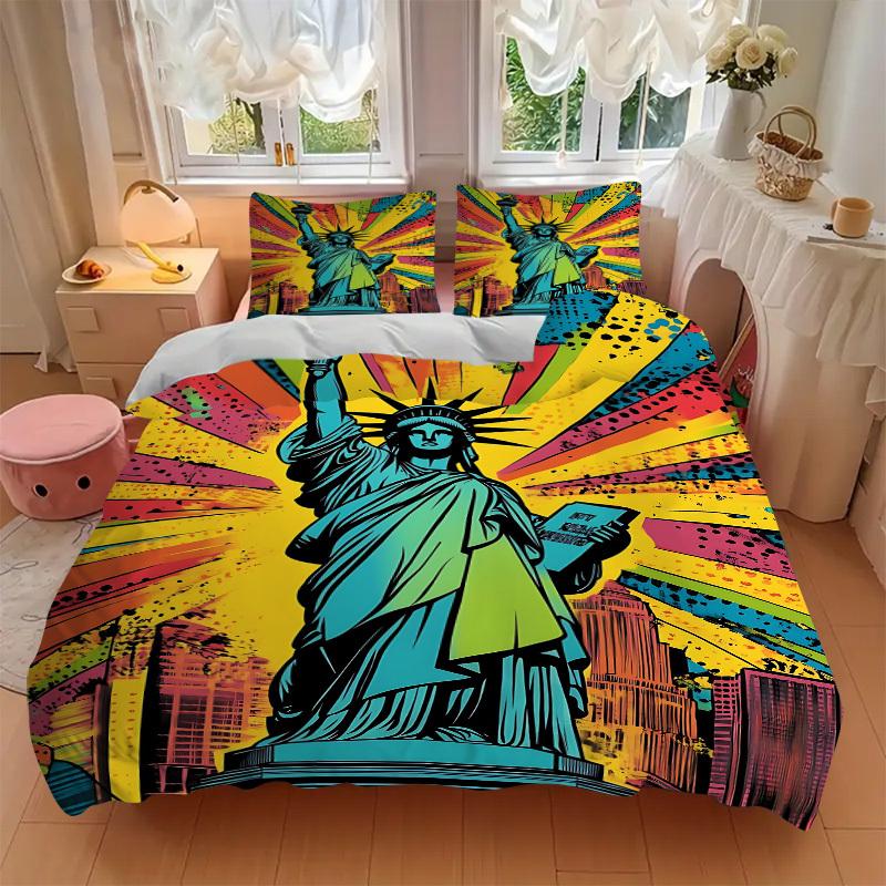 3pcs Statue of Liberty Duvet Cover Set, 1 Duvet Cover + 1/2 Pillowcases (No Insert), Bedroom Decor, Allseason Comfort Yy251021258